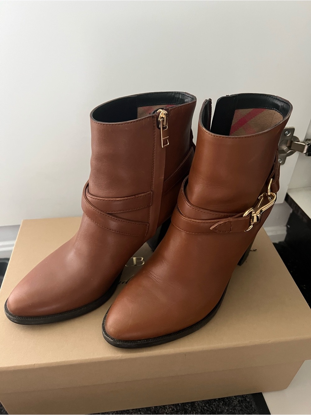 Burberry Brown Leather Ankle Boots with Gold Hardware